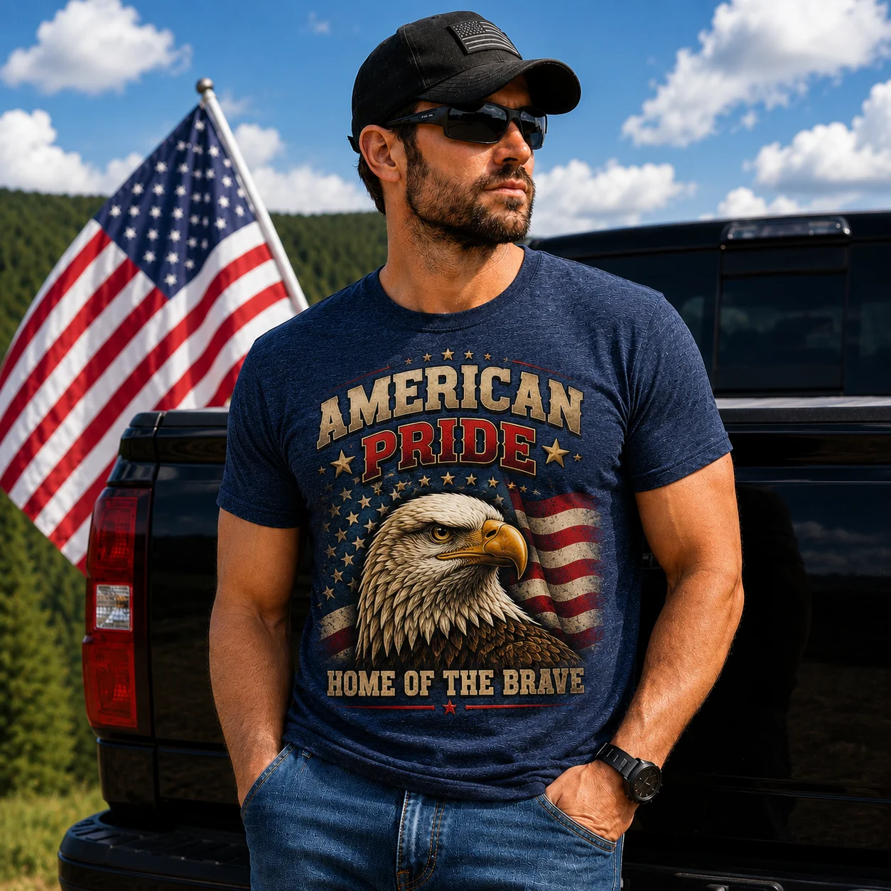 2026 American Pride Patriotic Shirt – Home of the Brave Eagle Graphic T-Shirt - Heather Navy Blue  - Sale - Image 4