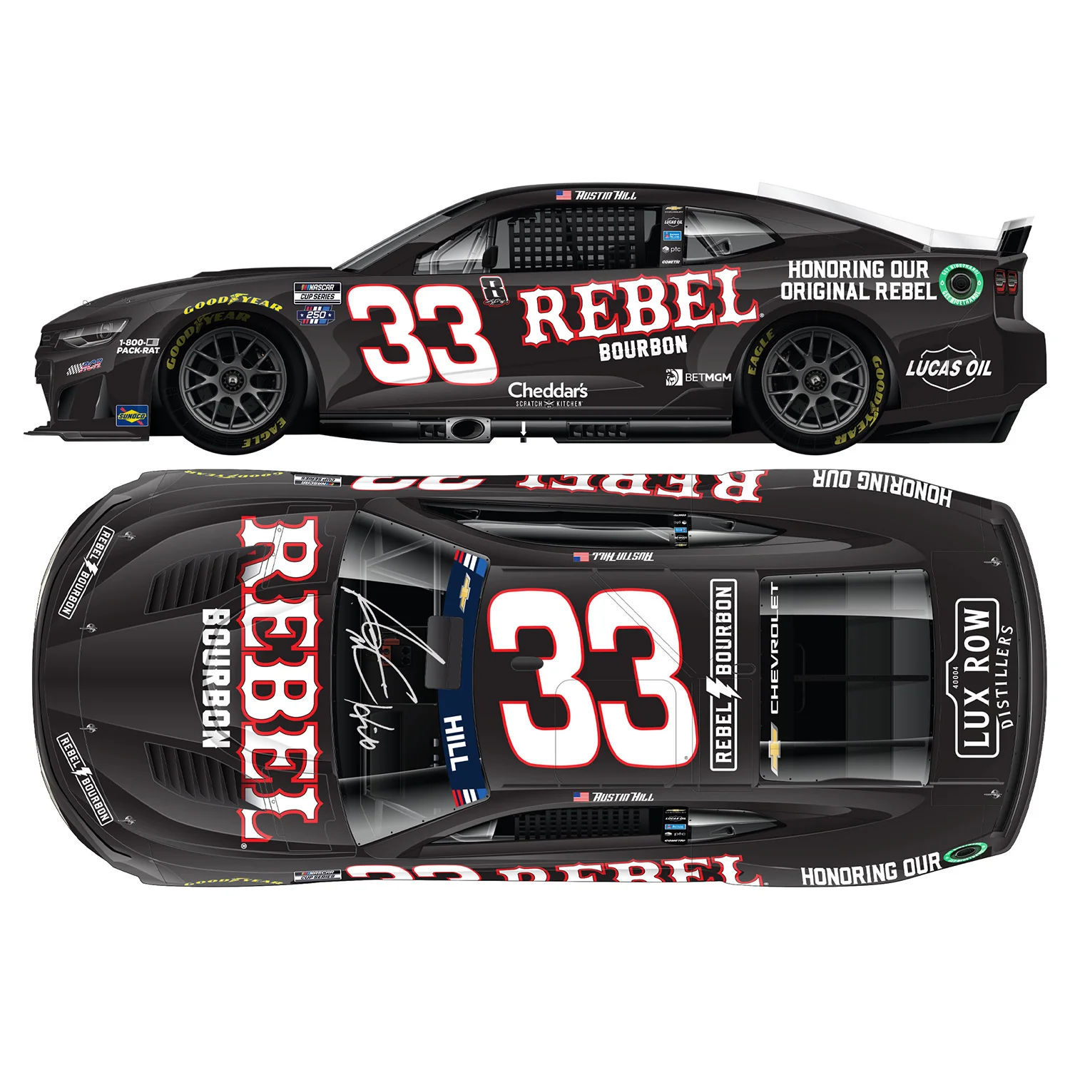 Austin Hill Autographed Rebel Bourbon Tribute to Kyle Busch 1:24 Standard 2026 Diecast Car Preorder - Currently Projected January