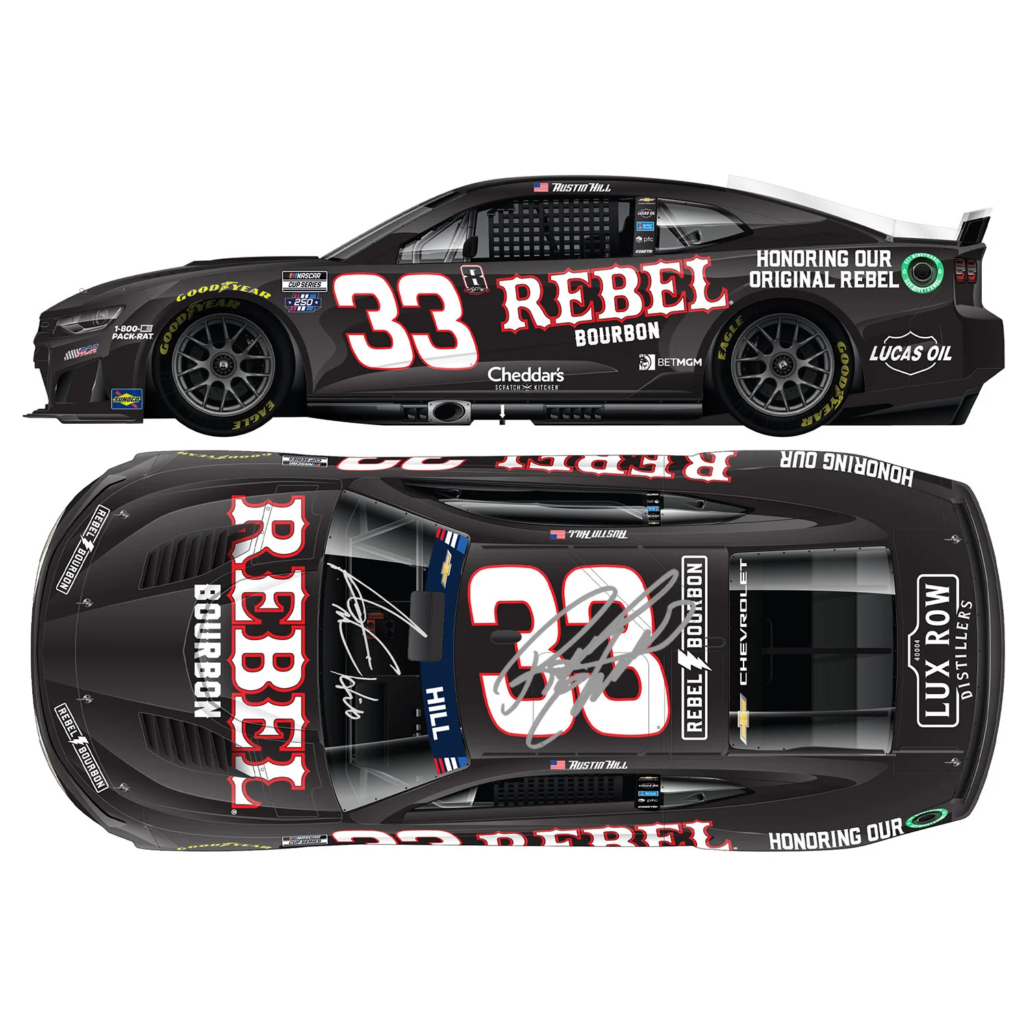 Austin Hill / Richard Childress Dual Autographed Rebel Bourbon Tribute to Kyle Busch 1:24 Standard 2026 Diecast Car Preorder - Currently Projected January