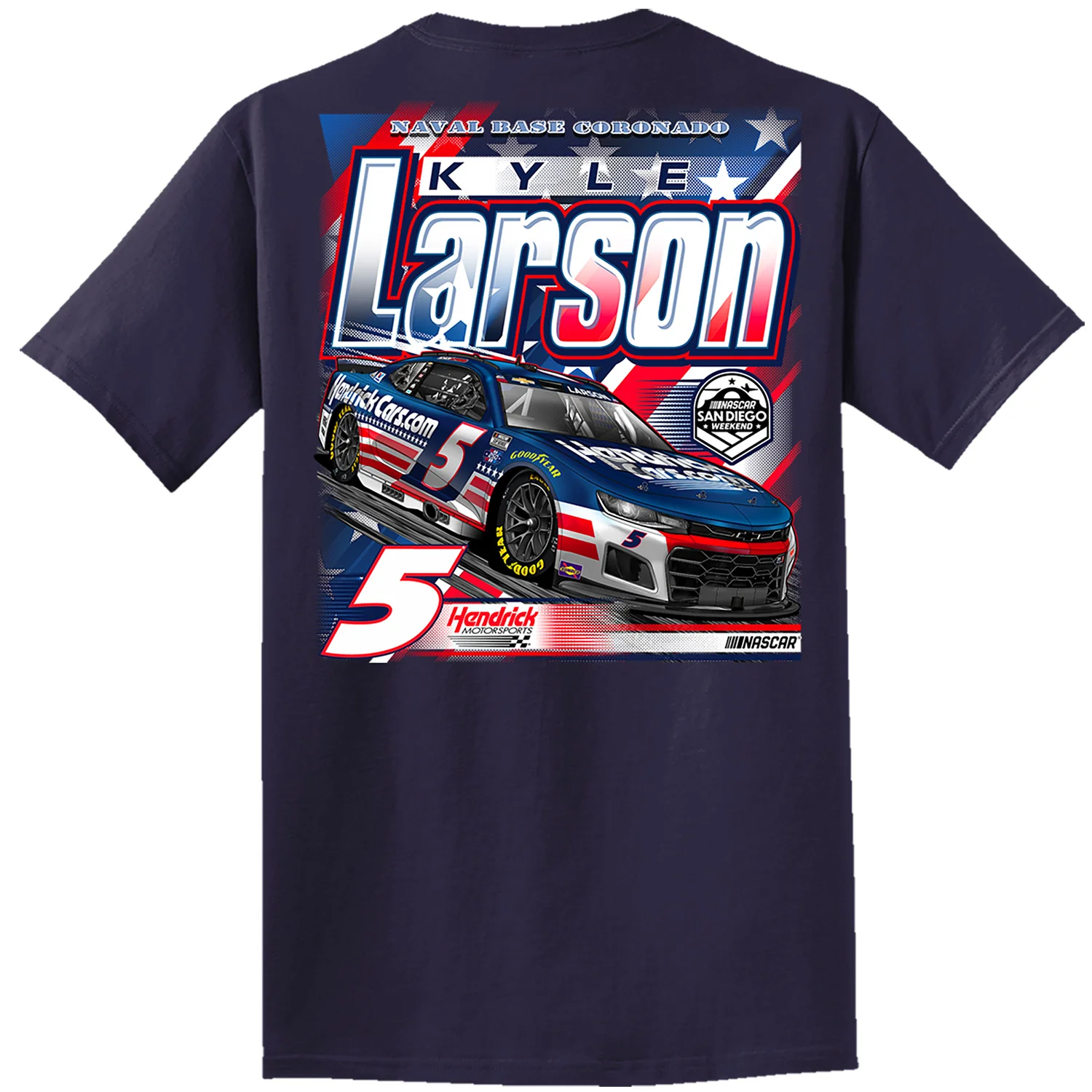 Kyle Larson 2026 HendrickCars San Diego Patriotic Paint Scheme 2-Spot Classic Ink T-Shirt - Image 3