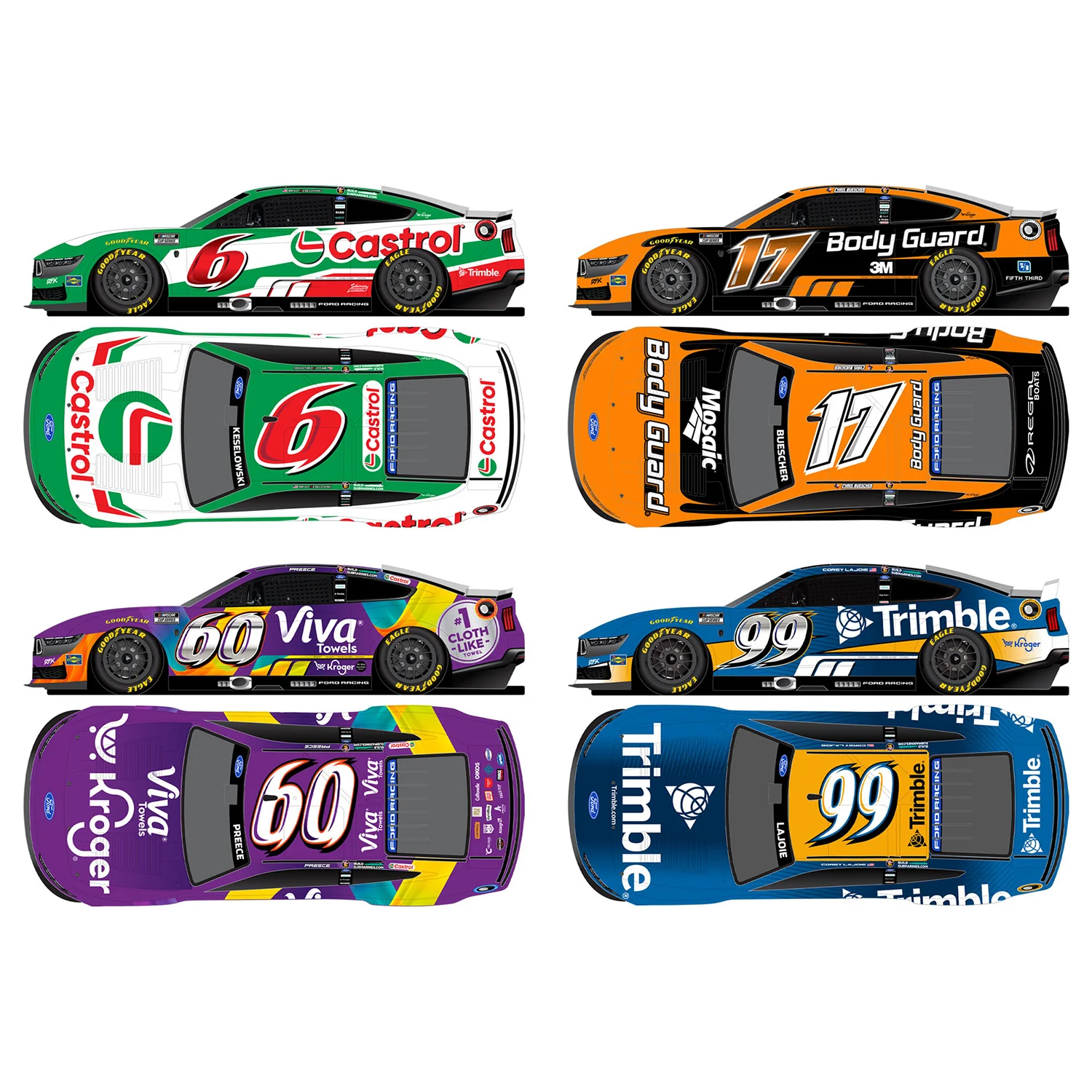 RFK Racing Brad Keselowski / Buescher / LaJoie / Preece 1:64 Standard 2026 Daytona 500 Tribute to Greg Biffle 4-Car Diecast Set Preorder - Currently Projected November